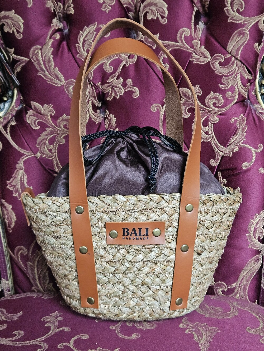 Bali Tan Straw Tote with Brown Satin Drawstring
